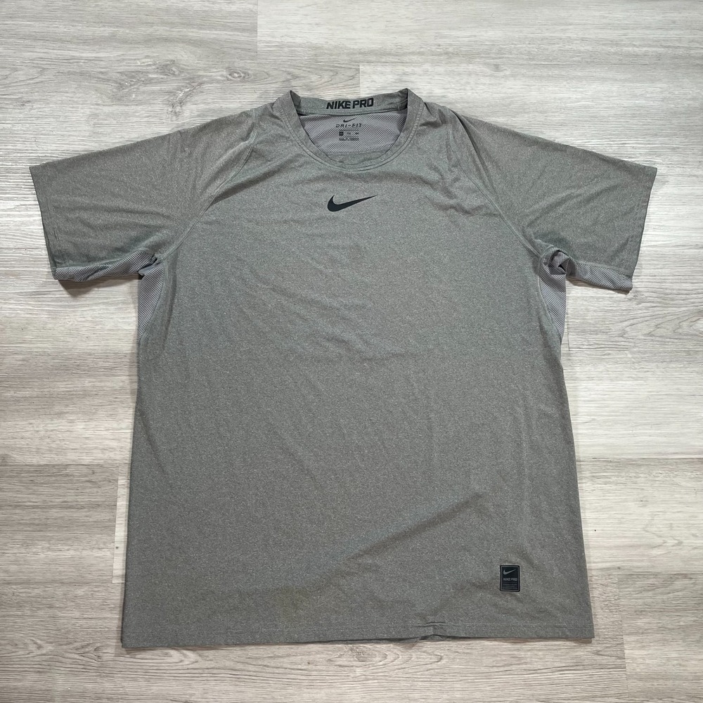 Nike Pro Shirt Mens 2XL Gray Black Centered Swoosh Running Dri-Fit Slim Fit
